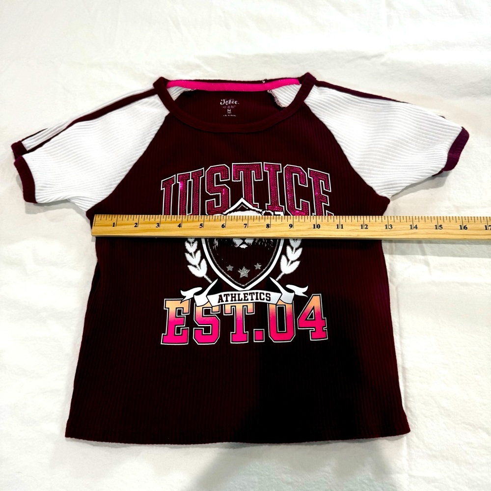Justice Girls Short Sleeve Maroon and White Ribbed Sweater, Size 10, Fall Shirt